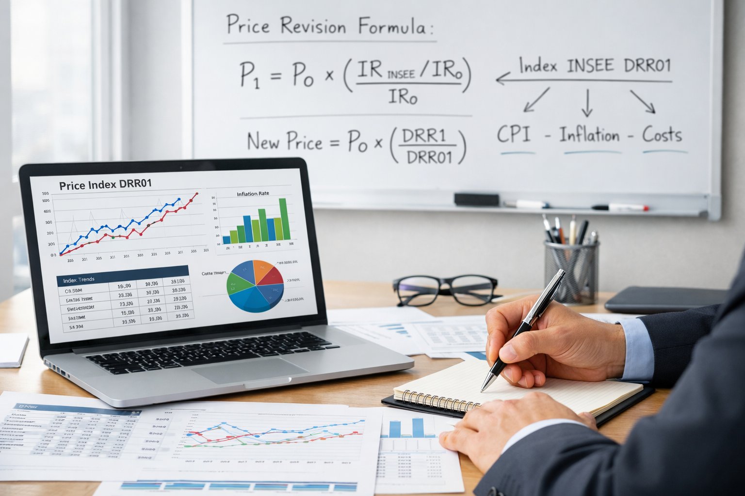 Une personne en tenue professionnelle analyse des graphiques et des documents économiques sur un bureau dans un bureau moderne.