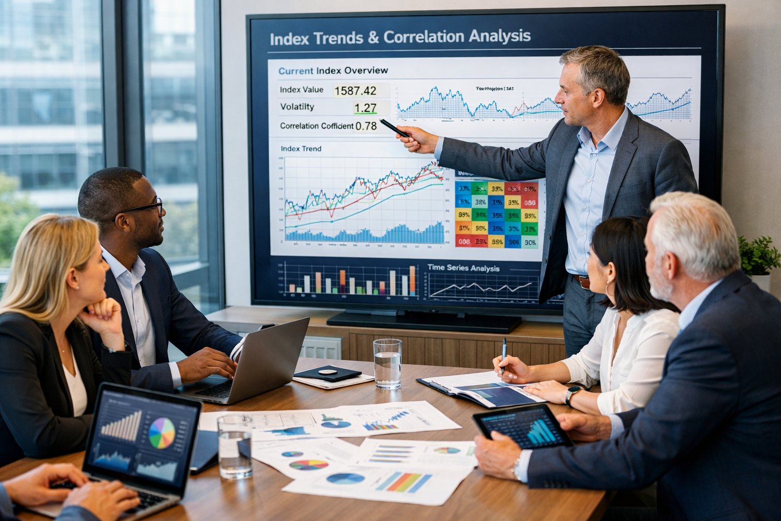 Un groupe de professionnels en réunion autour d'une table avec des graphiques et des appareils numériques affichant des données statistiques.
