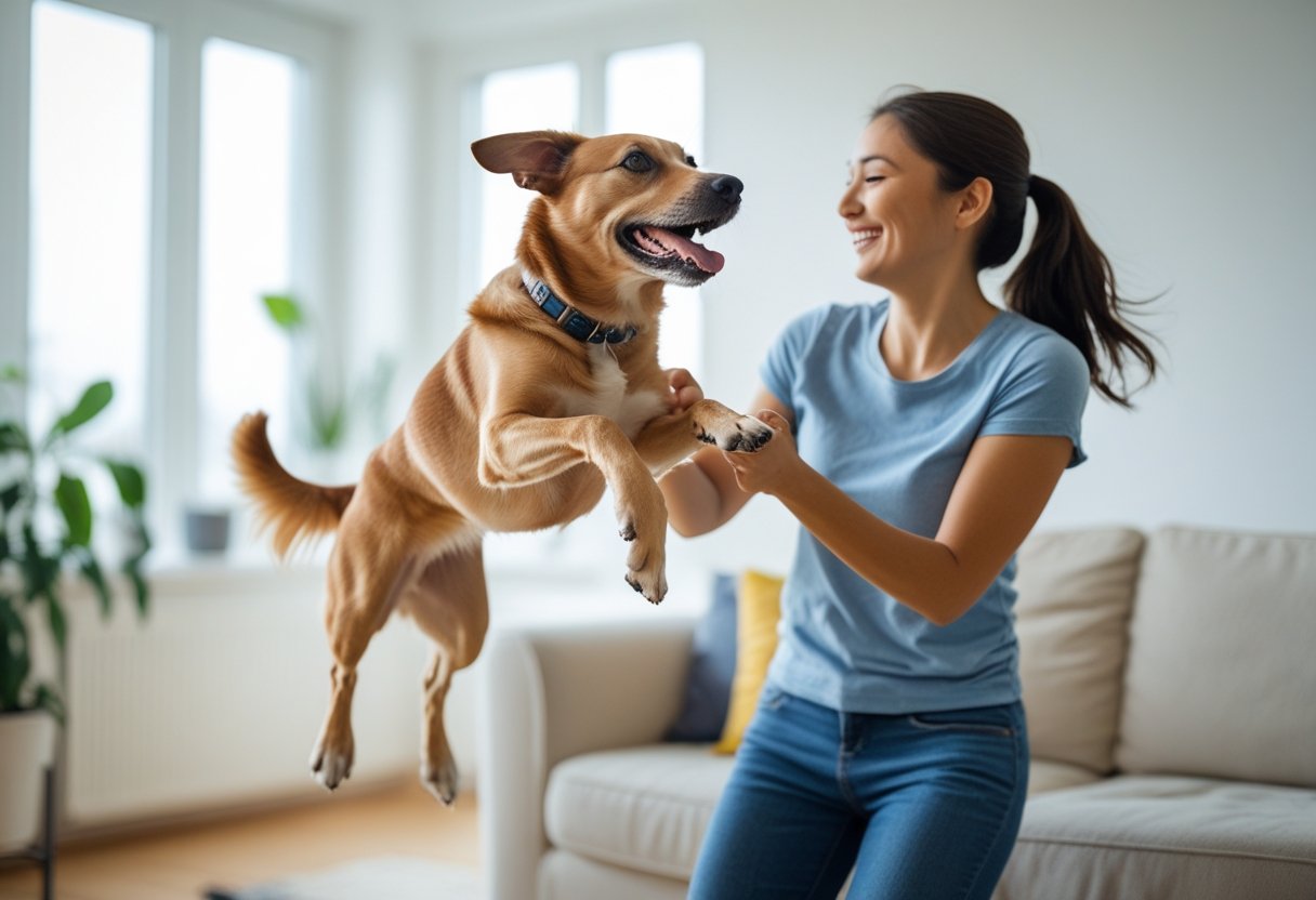A person gently holding a jumping dog indoors in a bright living room.