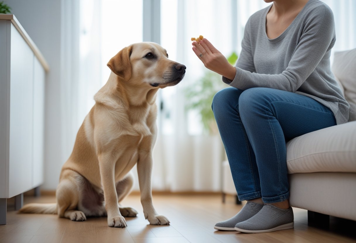 A person calmly training a sitting dog indoors, using a hand gesture to stop it from jumping.