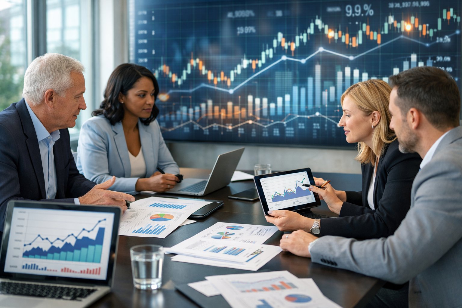 Des professionnels en réunion dans un bureau moderne, examinant des graphiques et des données économiques sur des écrans et des documents.