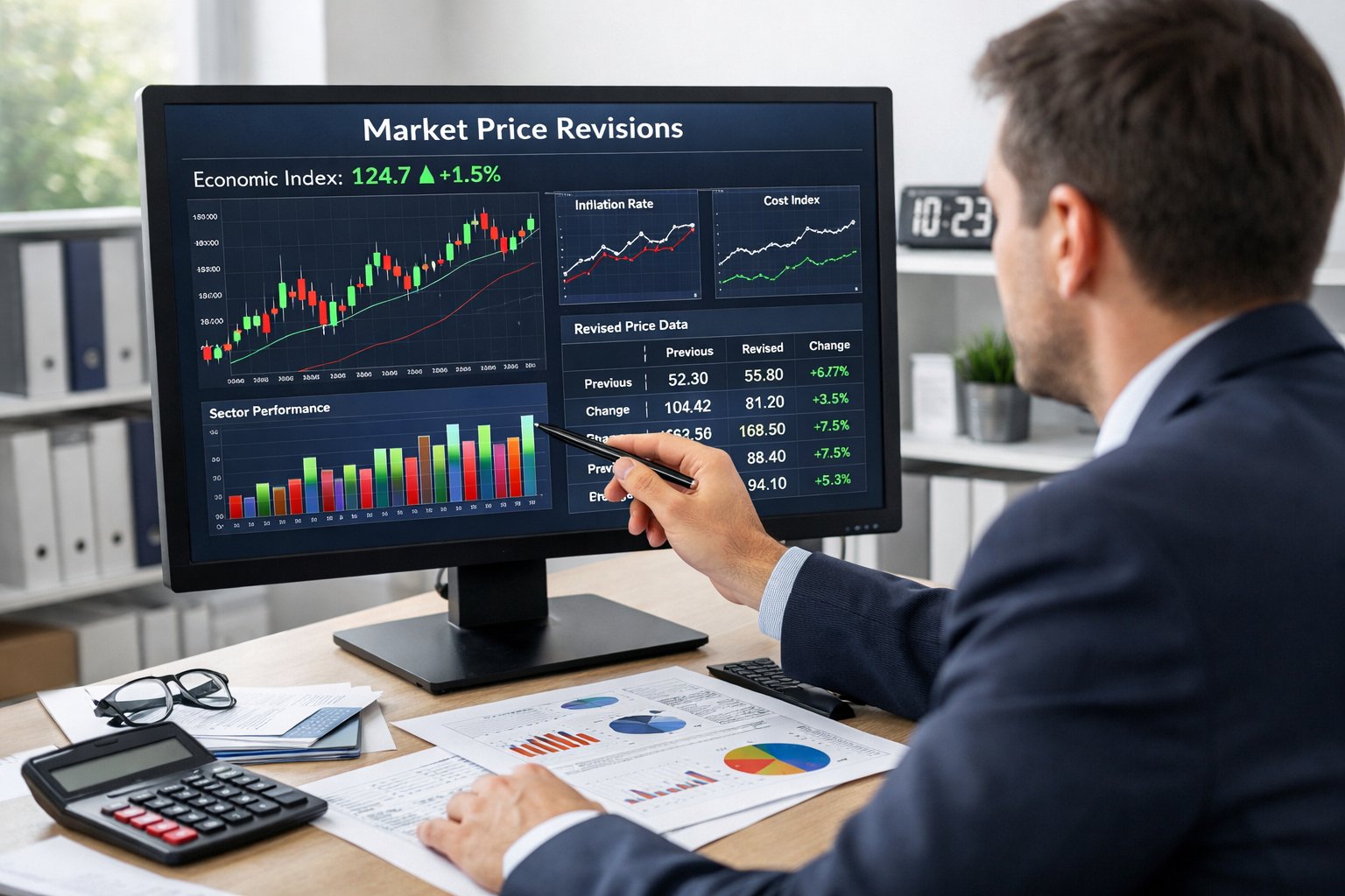Un professionnel analysant des données financières sur un écran d'ordinateur dans un bureau moderne, entouré de documents et d'une calculatrice.