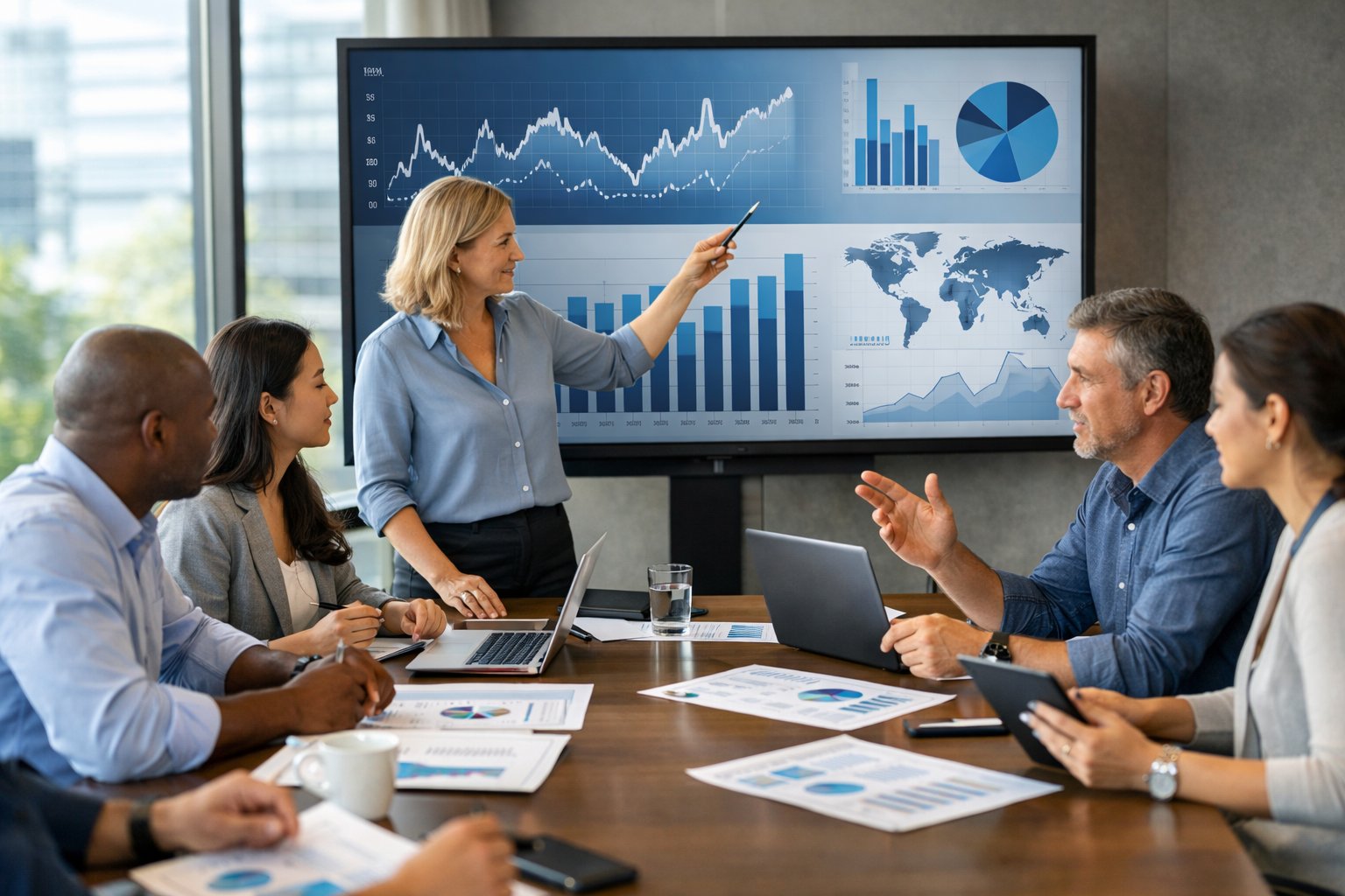 Un groupe de professionnels en réunion dans un bureau moderne, discutant autour d'une table avec des ordinateurs portables et des graphiques de données affichés sur un écran.