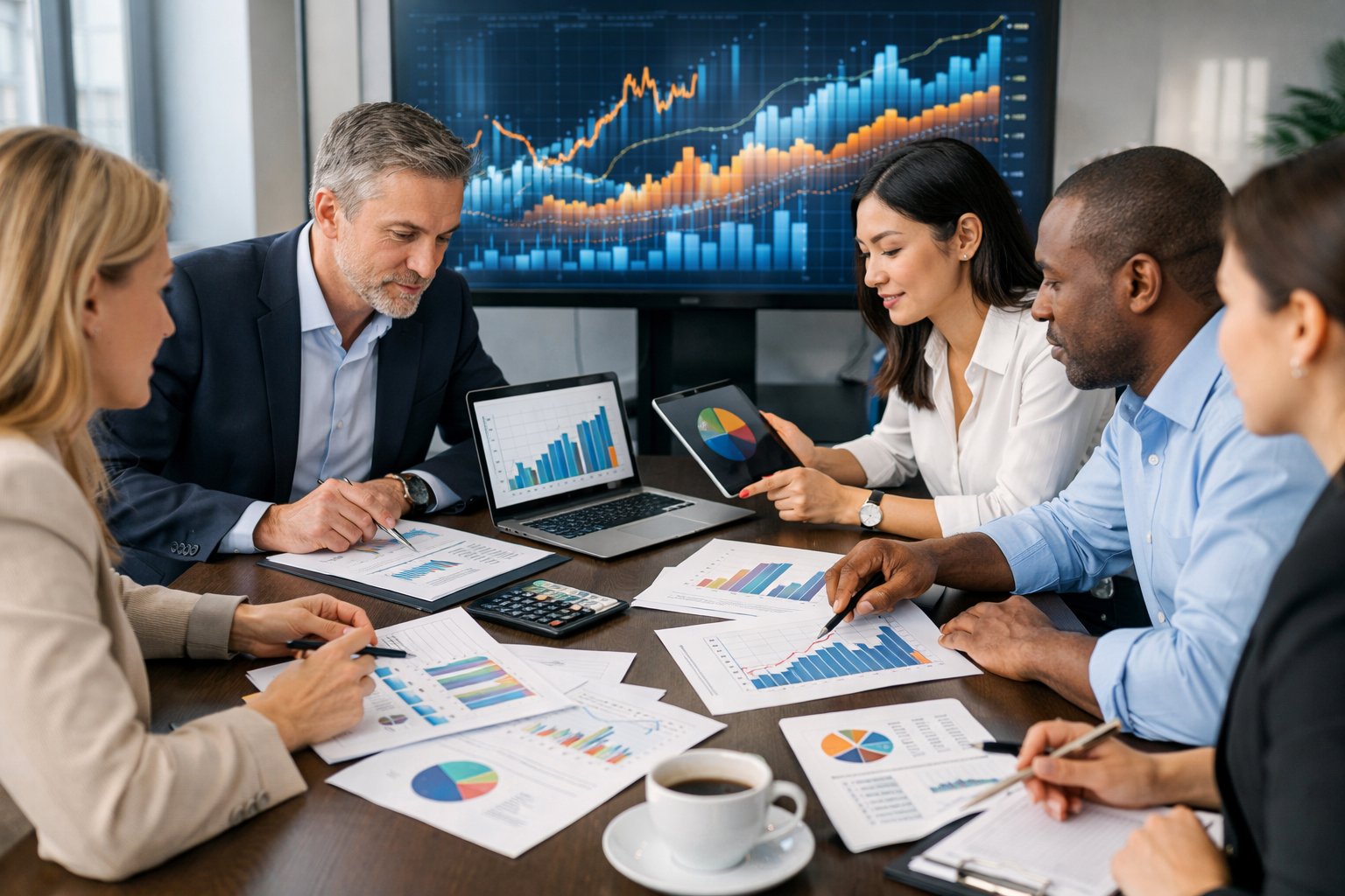 Des professionnels en réunion autour d'une table avec des ordinateurs et des documents de données économiques dans un bureau moderne.