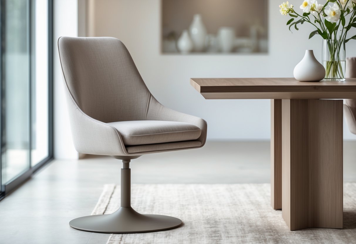 Chaise pivotante autour d'une table à manger dans une salle à manger lumineuse et moderne.