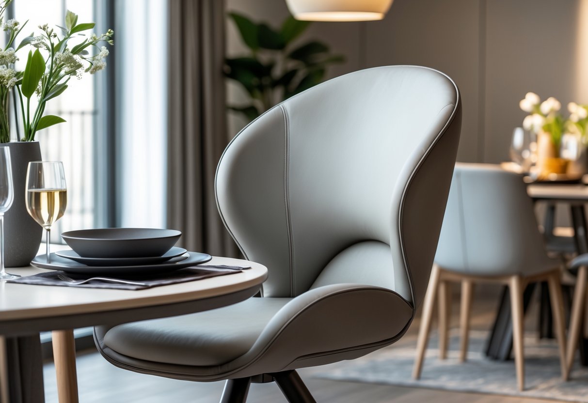 Chaise pivotante moderne autour d'une table à manger dans une salle lumineuse avec une décoration simple.