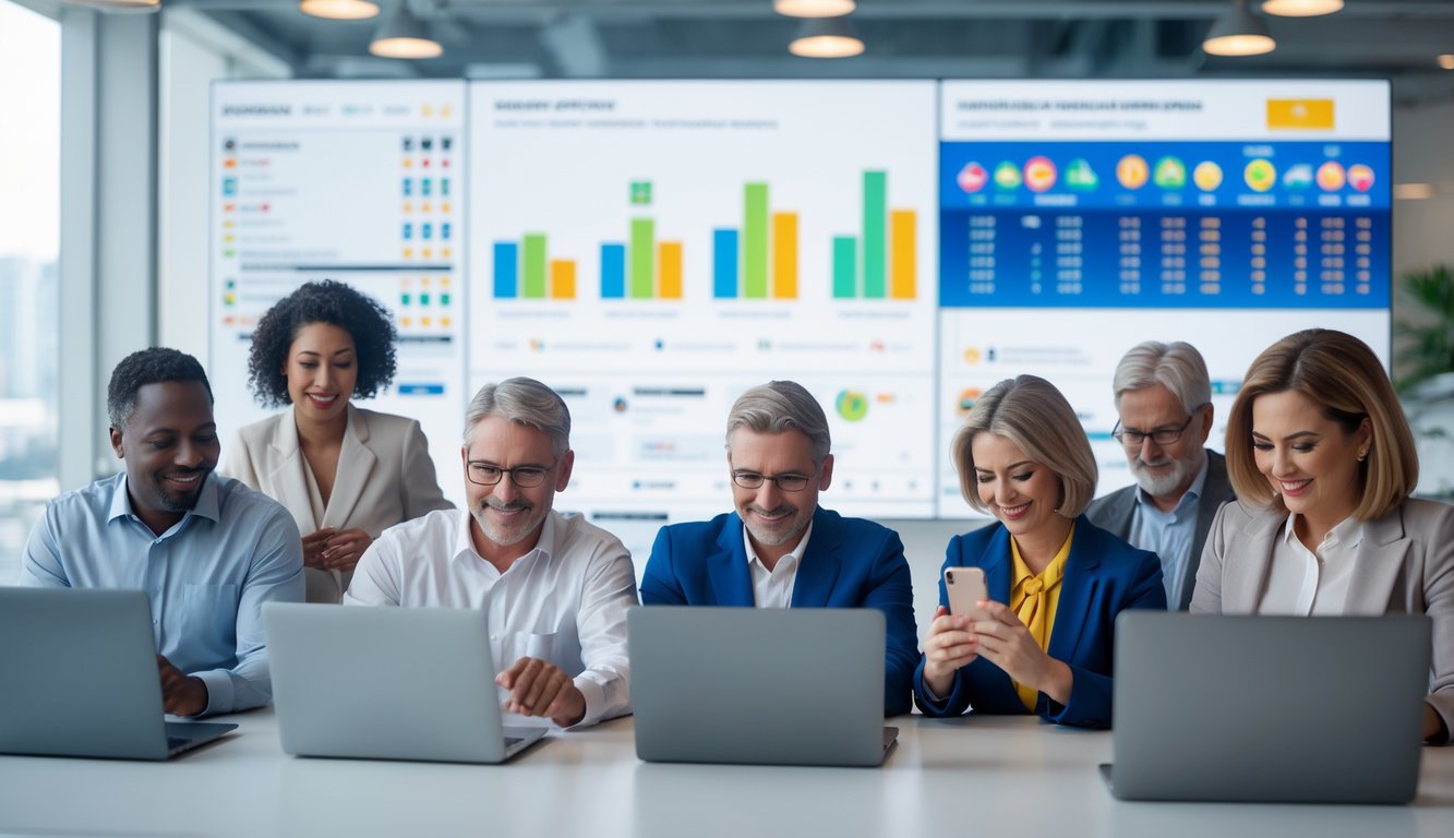 Sekelompok orang menggunakan perangkat digital di kantor modern dengan layar besar menampilkan grafik pasar lotere.