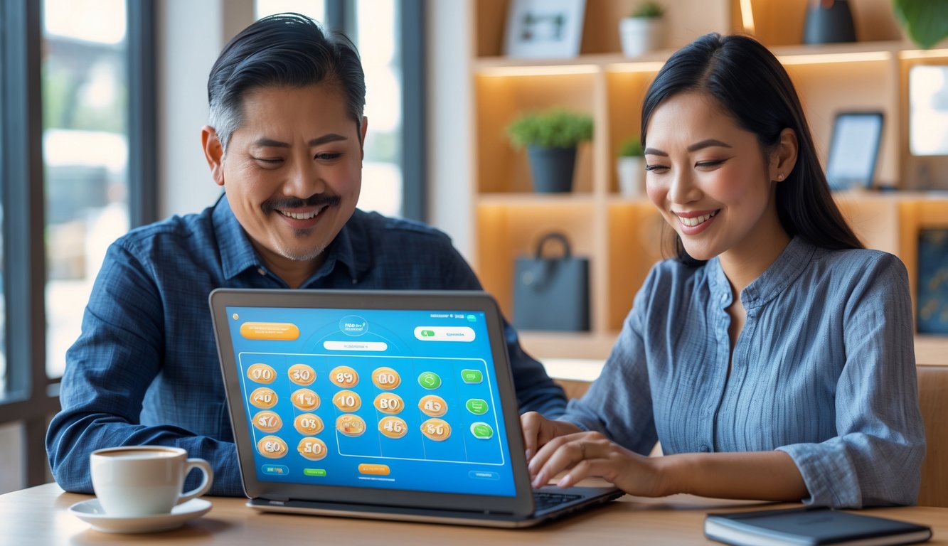 Seorang pria dan wanita Indonesia duduk di meja dengan laptop, fokus bermain permainan angka secara online.