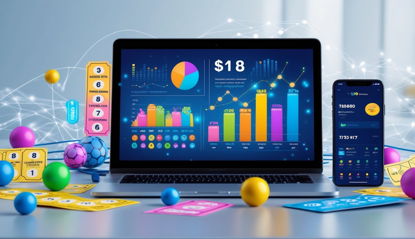 Sebuah laptop di meja kerja menampilkan grafik dan data statistik togel online dengan tiket dan ponsel di sekitarnya.