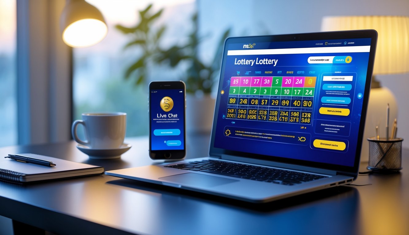 Seorang pengguna sedang menggunakan laptop dan smartphone di meja kerja dengan tampilan situs togel online dan layanan pelanggan aktif.