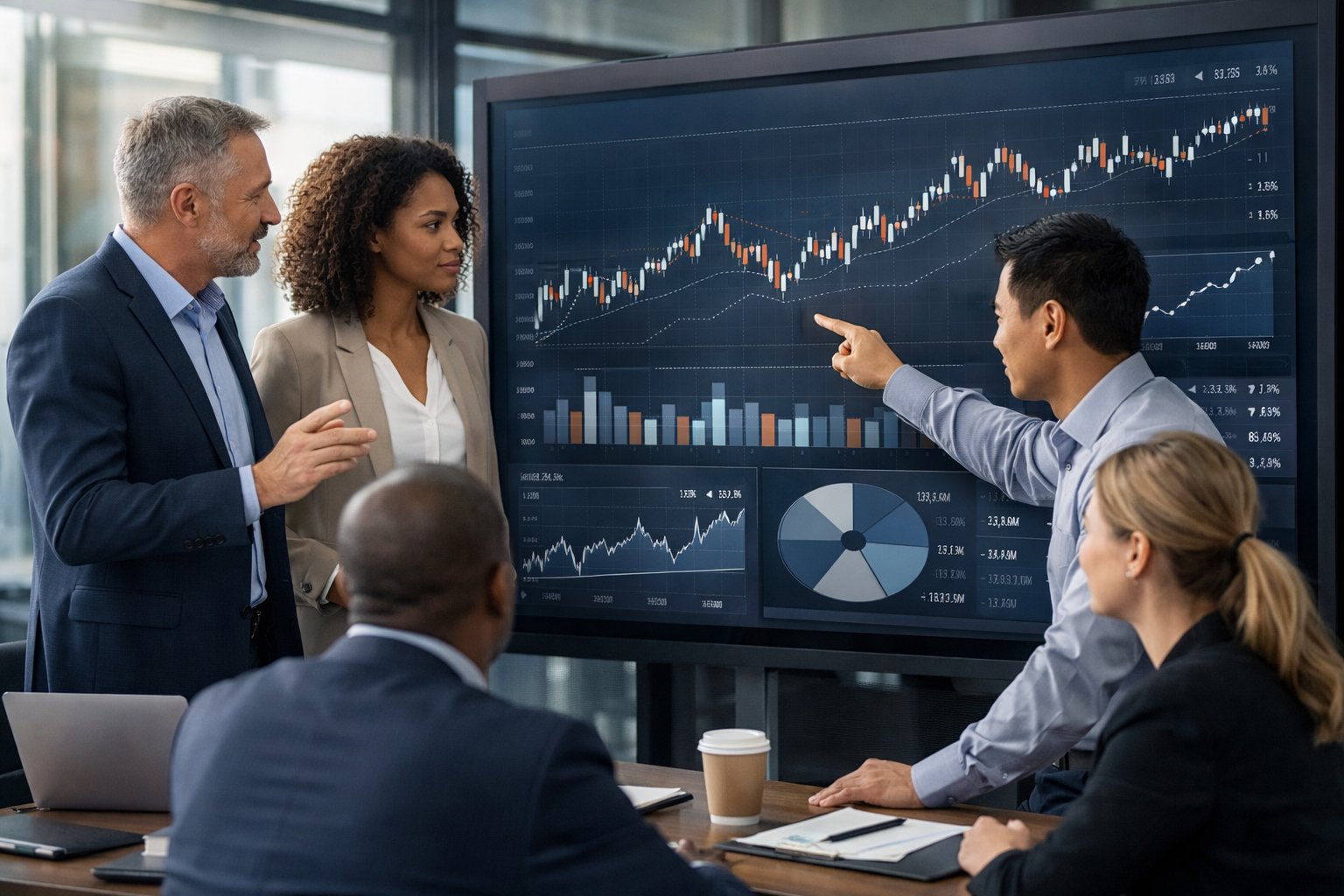 Un groupe de professionnels en réunion autour d'un écran tactile affichant des données financières dans un bureau moderne et lumineux.