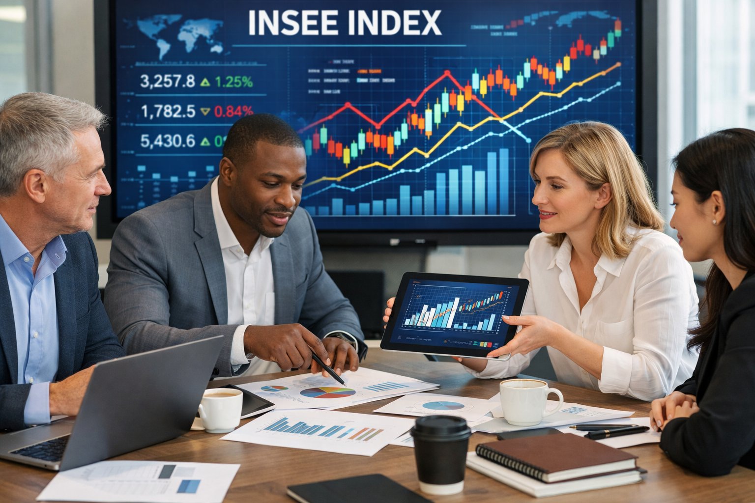Des professionnels en réunion autour d'une table avec des ordinateurs et des graphiques financiers dans un bureau moderne.