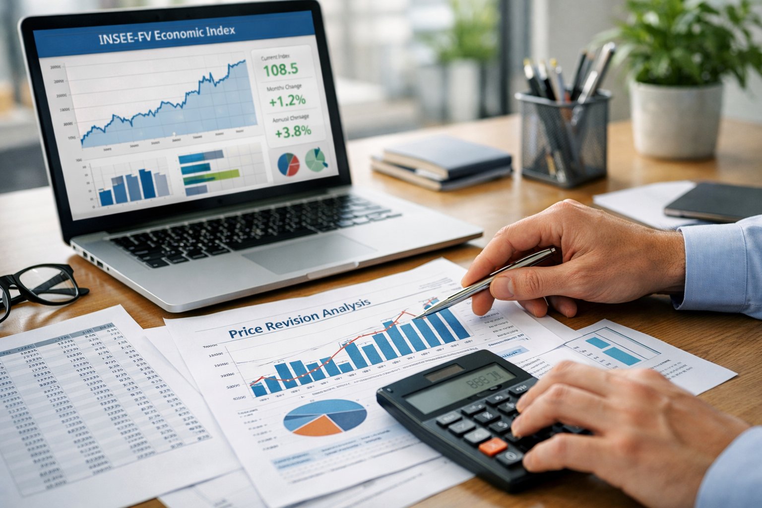 Une personne utilise une calculatrice et consulte des documents financiers avec des graphiques sur un bureau de bureau lumineux et organisé.