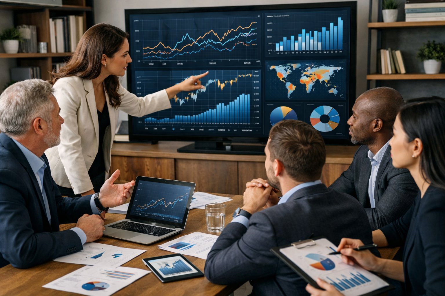 Des professionnels en réunion dans un bureau moderne, analysant des graphiques économiques sur un écran numérique.