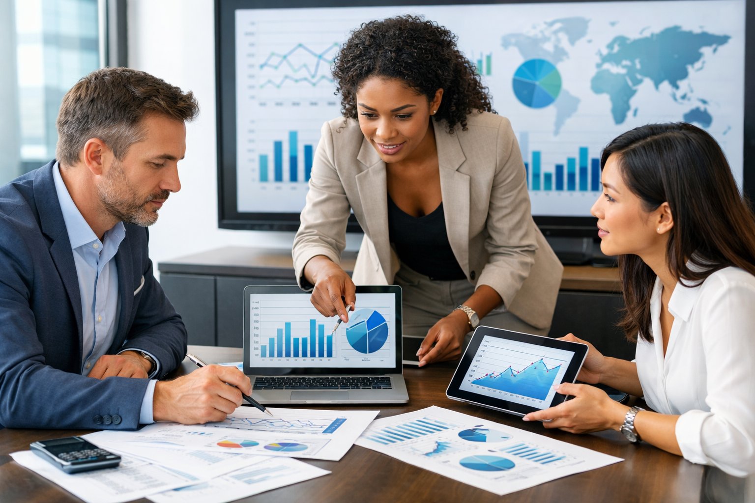 Un groupe de professionnels travaillant ensemble autour d'un bureau avec des ordinateurs affichant des graphiques et des données économiques.