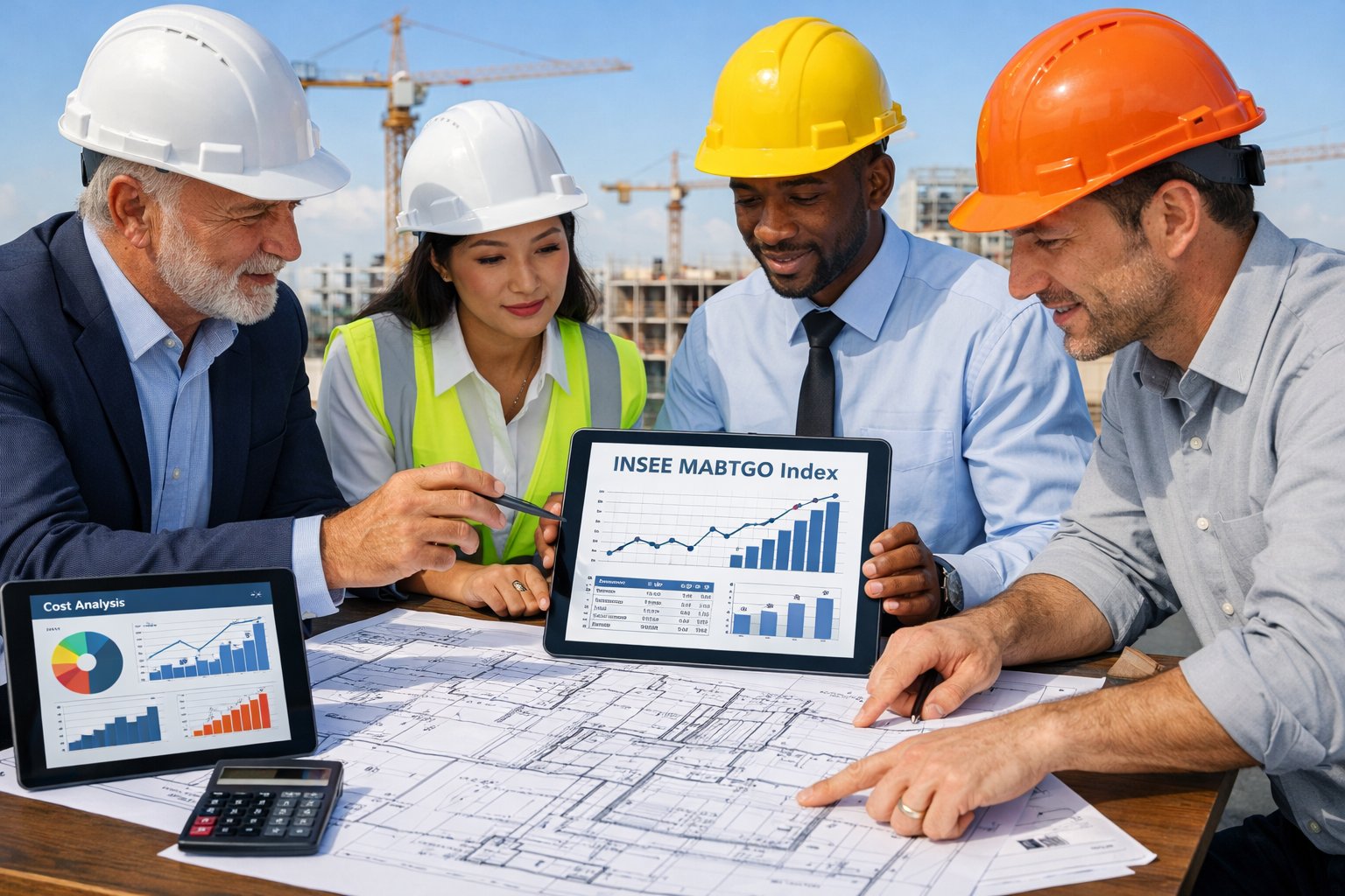 Des professionnels de la construction discutant autour de plans et de tablettes numériques sur un chantier en activité.