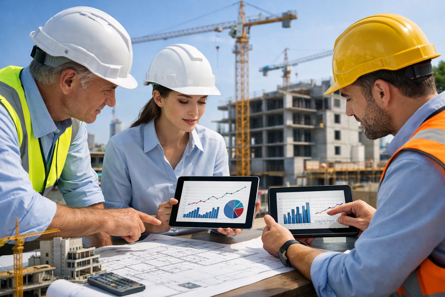 Des ingénieurs et architectes examinent des plans et des tablettes numériques sur un chantier de construction actif avec des grues et des bâtiments en cours de construction.