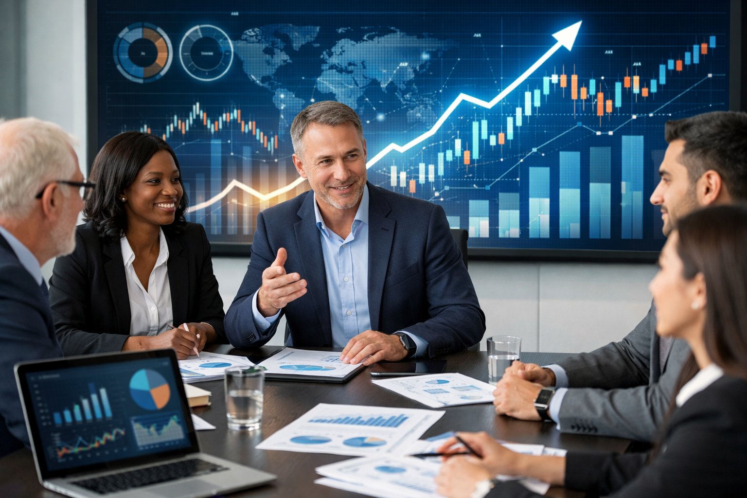 Des professionnels en réunion dans un bureau moderne avec des ordinateurs portables et des graphiques financiers sur une table.