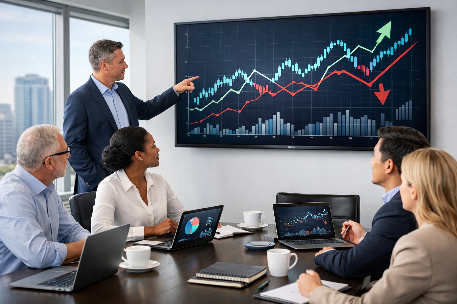Des professionnels en réunion dans un bureau moderne, analysant des graphiques économiques sur des écrans numériques.
