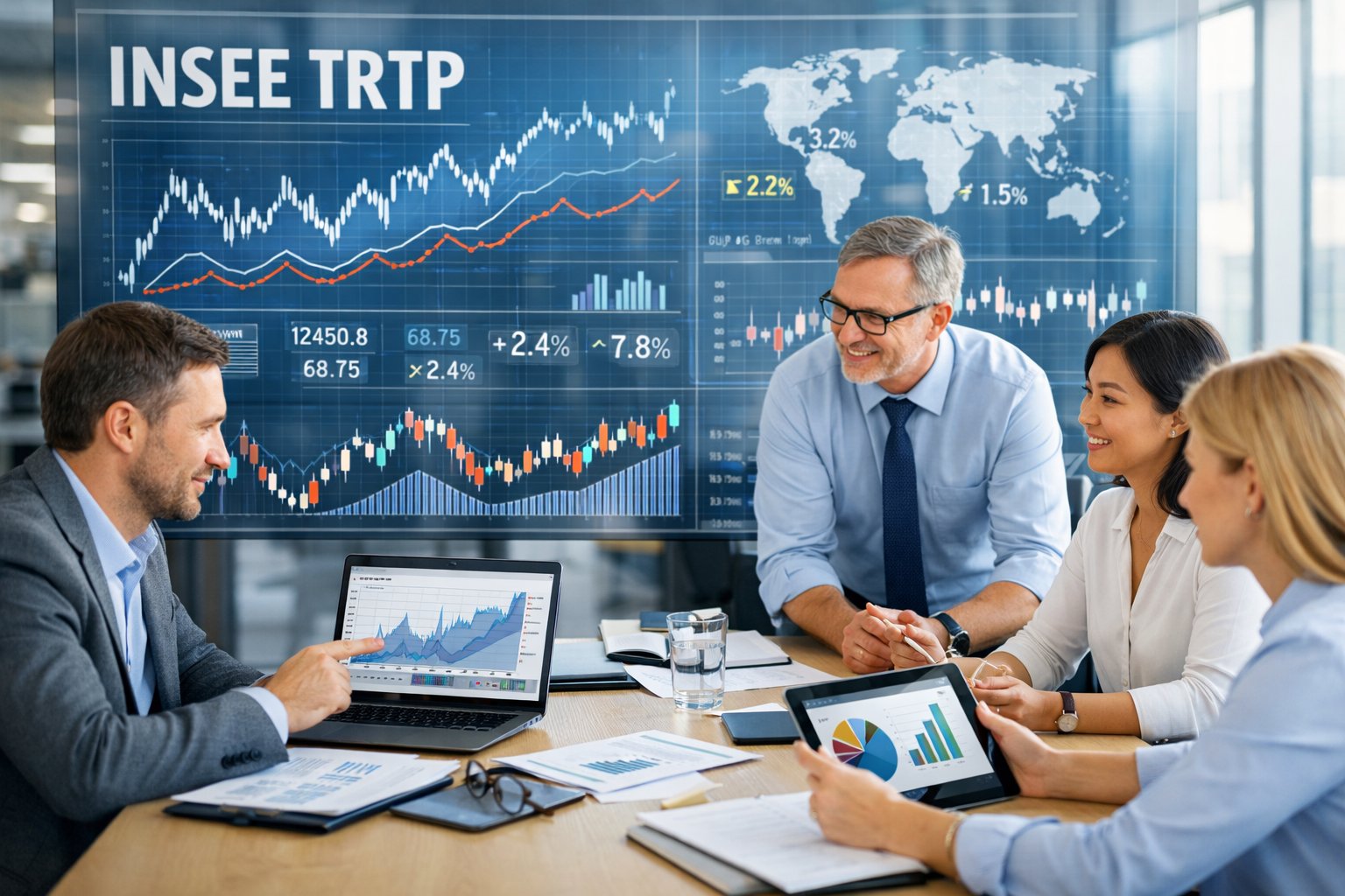 Groupe de professionnels travaillant ensemble autour d'une table avec des ordinateurs affichant des graphiques et des données économiques.