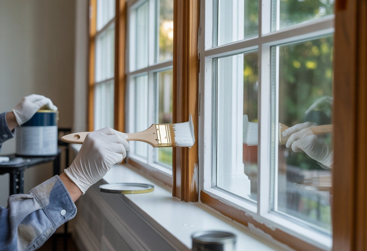 Close-up of a person painting the wooden frame of a sash window with a small brush indoors.