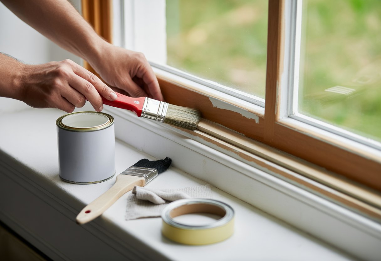 Close-up of hands preparing to paint a wooden sash window with painting tools and materials nearby.