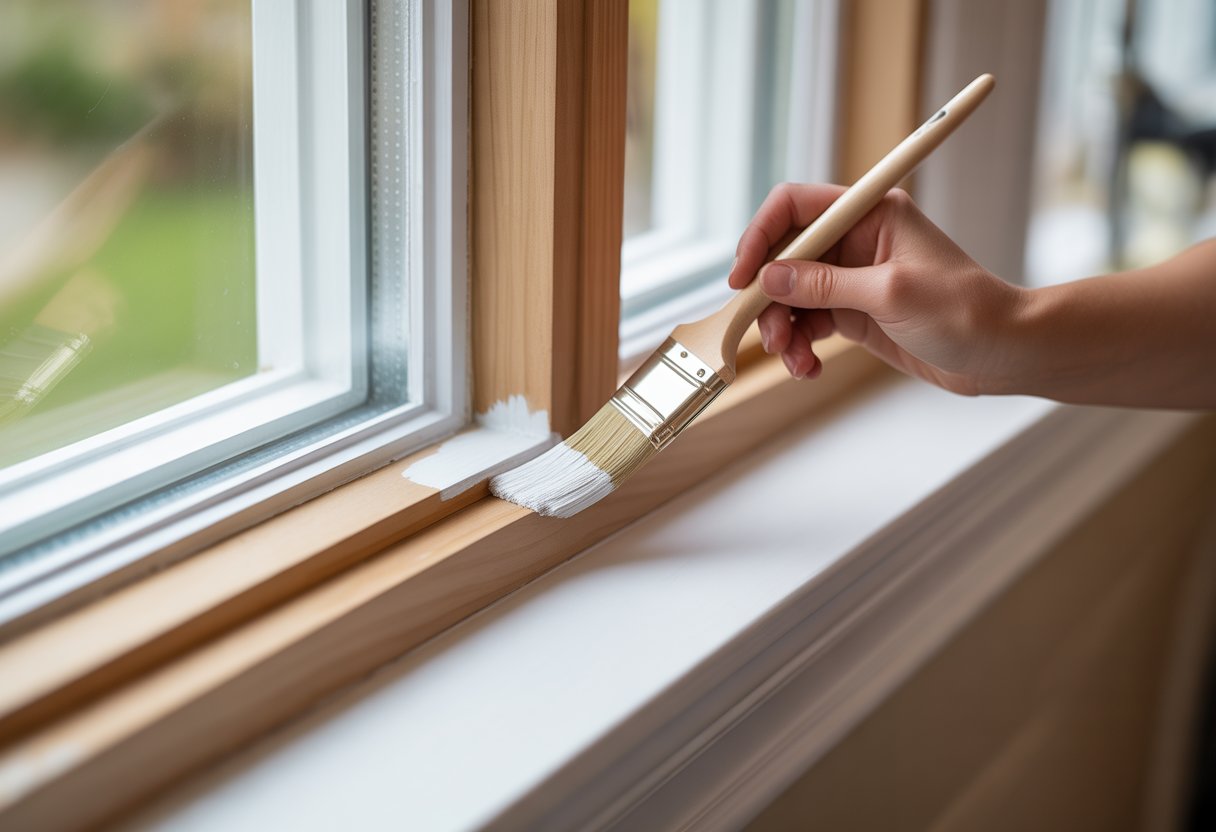 Close-up of hands painting a wooden sash window frame with a paintbrush in a well-lit room.