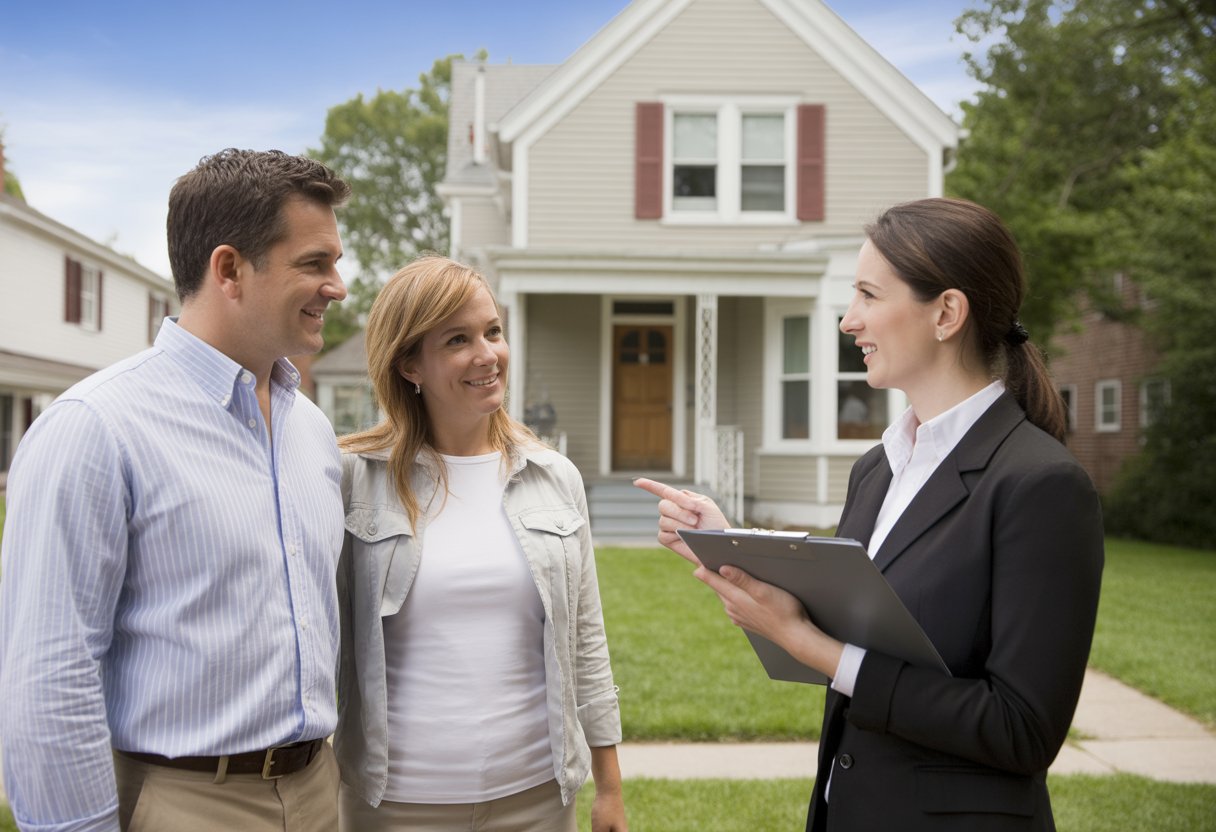 A real estate agent talks to a couple outside a suburban house with trees in the background.