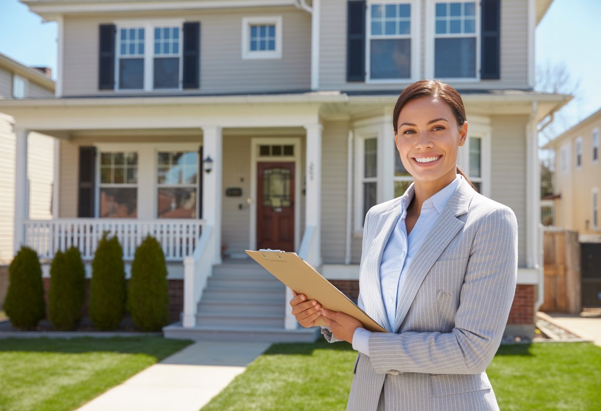 Real estate agent standing outside a house in a suburban neighborhood, holding a clipboard and smiling.