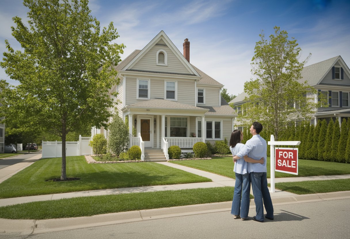 Front view of a suburban house with a 'For Sale' sign and a family standing near the entrance on a sunny day.