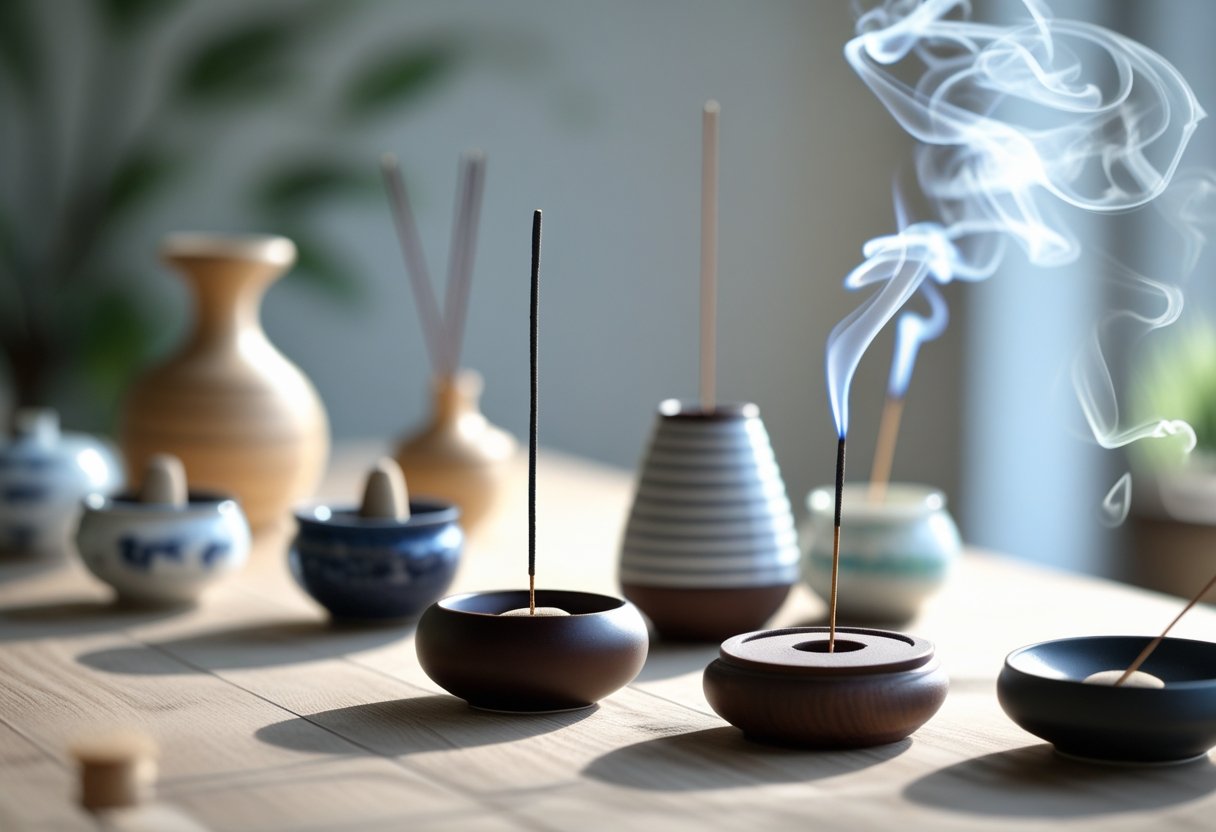 A collection of incense holders and burners on a wooden surface with incense sticks gently burning and smoke rising.