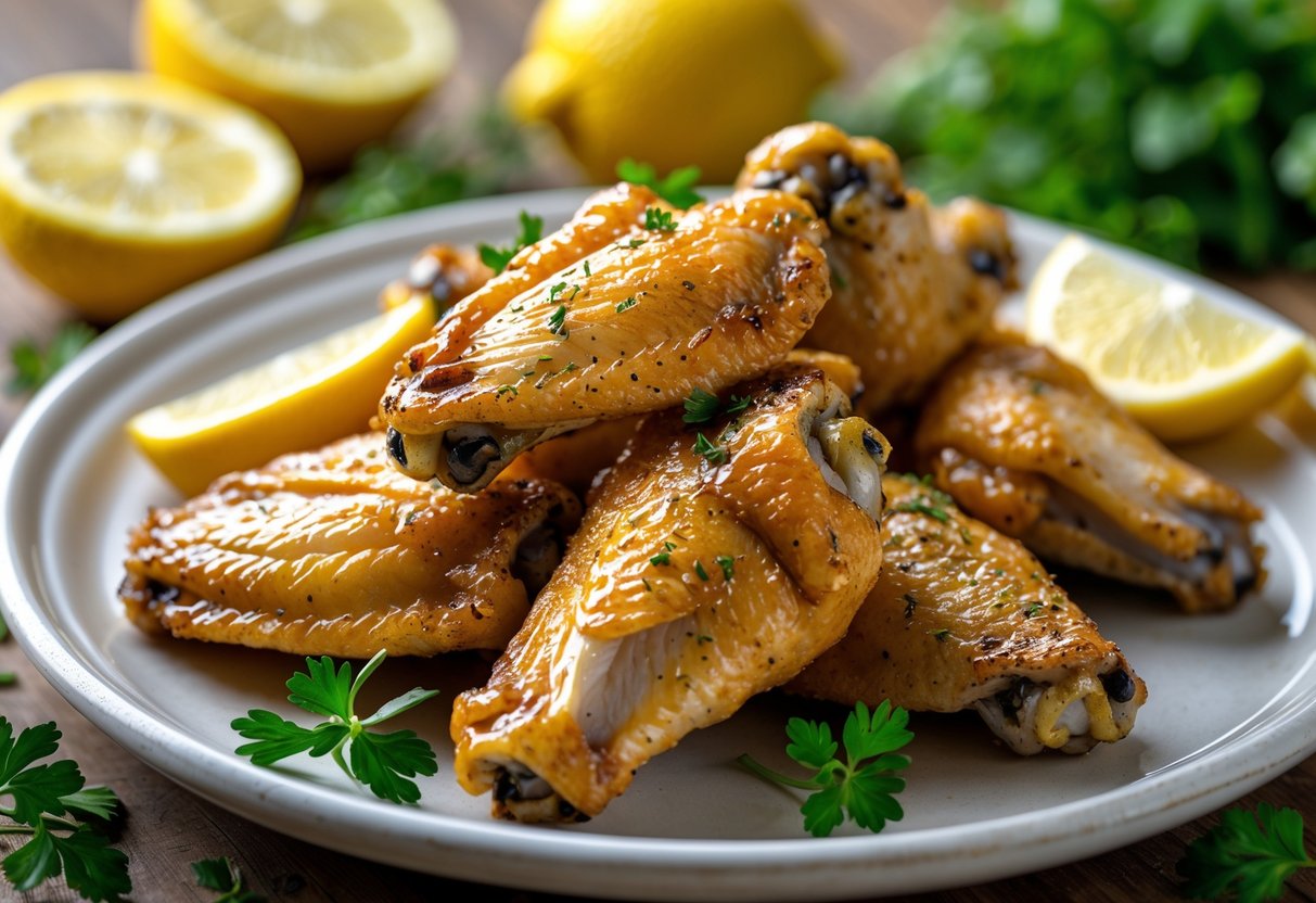 A plate of golden lemon pepper chicken wings garnished with lemon wedges and green herbs.