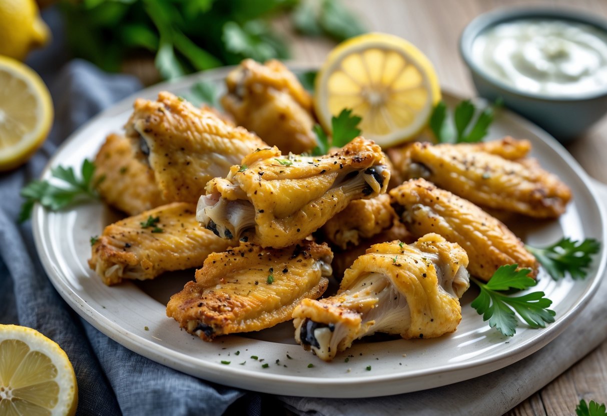 A plate of golden lemon pepper chicken wings with lemon slices and parsley garnish, accompanied by a small bowl of dipping sauce.