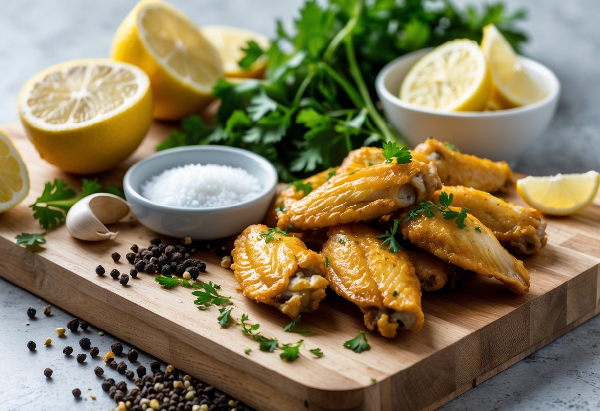 Close-up of fresh ingredients including lemon slices, black peppercorns, garlic, parsley, salt, and a bowl of lemon pepper chicken wings on a wooden cutting board.