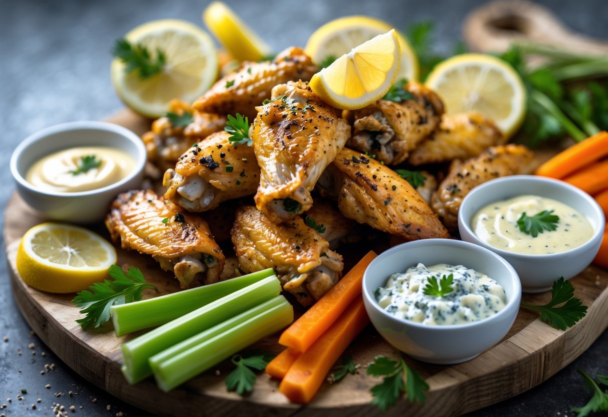 A platter of lemon pepper chicken wings with lemon wedges, dipping sauces, and fresh celery and carrot sticks arranged on a wooden board.