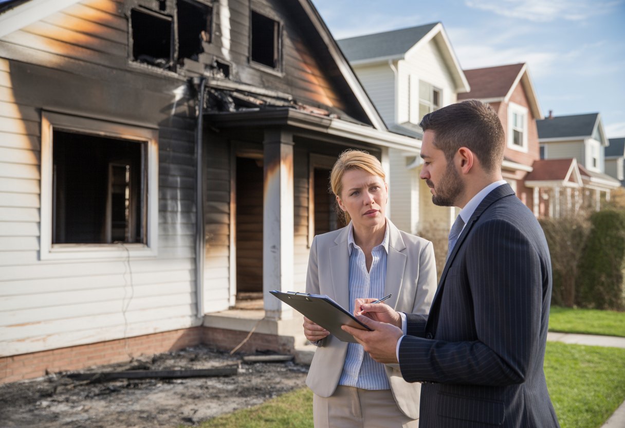 A real estate agent talks with a homeowner outside a fire damaged house showing charred walls and broken windows.
