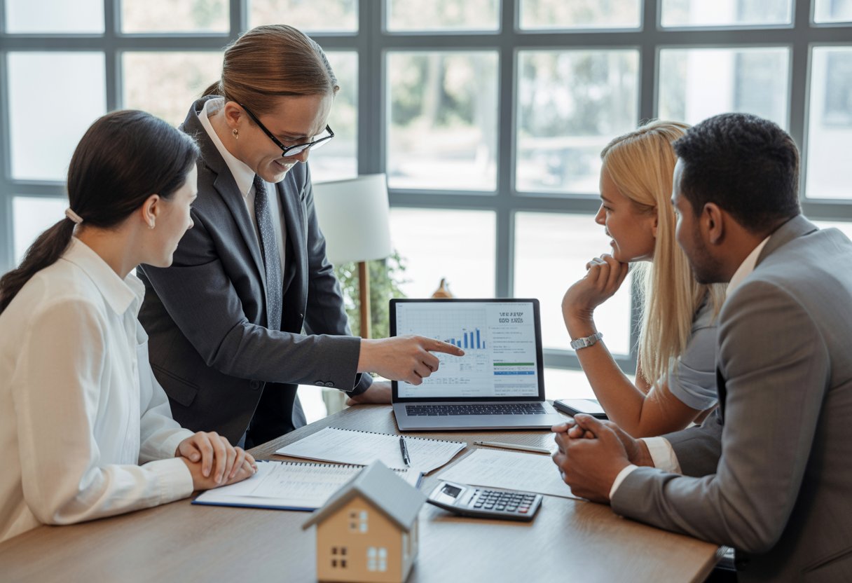 A group of people in an office reviewing documents and a laptop, discussing selling a home with financial challenges.