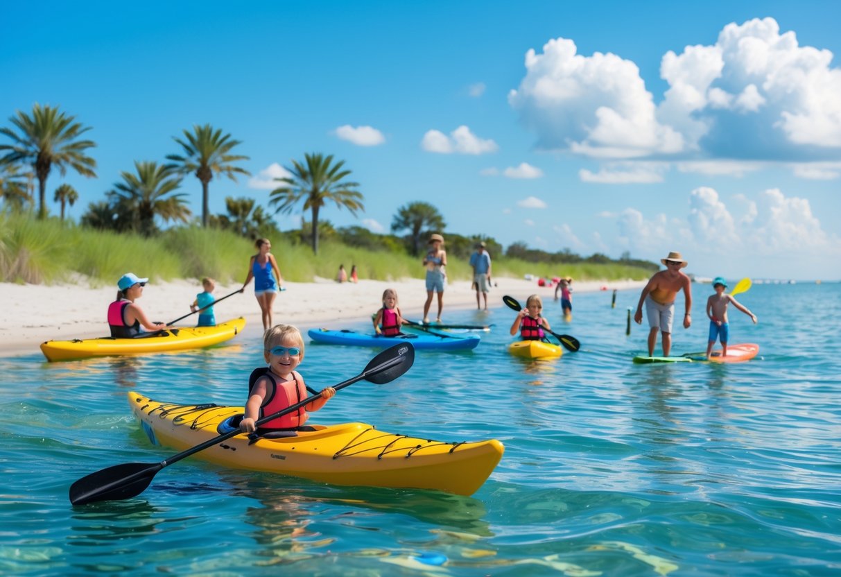 A family enjoying kayaking, paddleboarding, snorkeling, and beach activities on a sunny day at Long Beach, Mississippi.