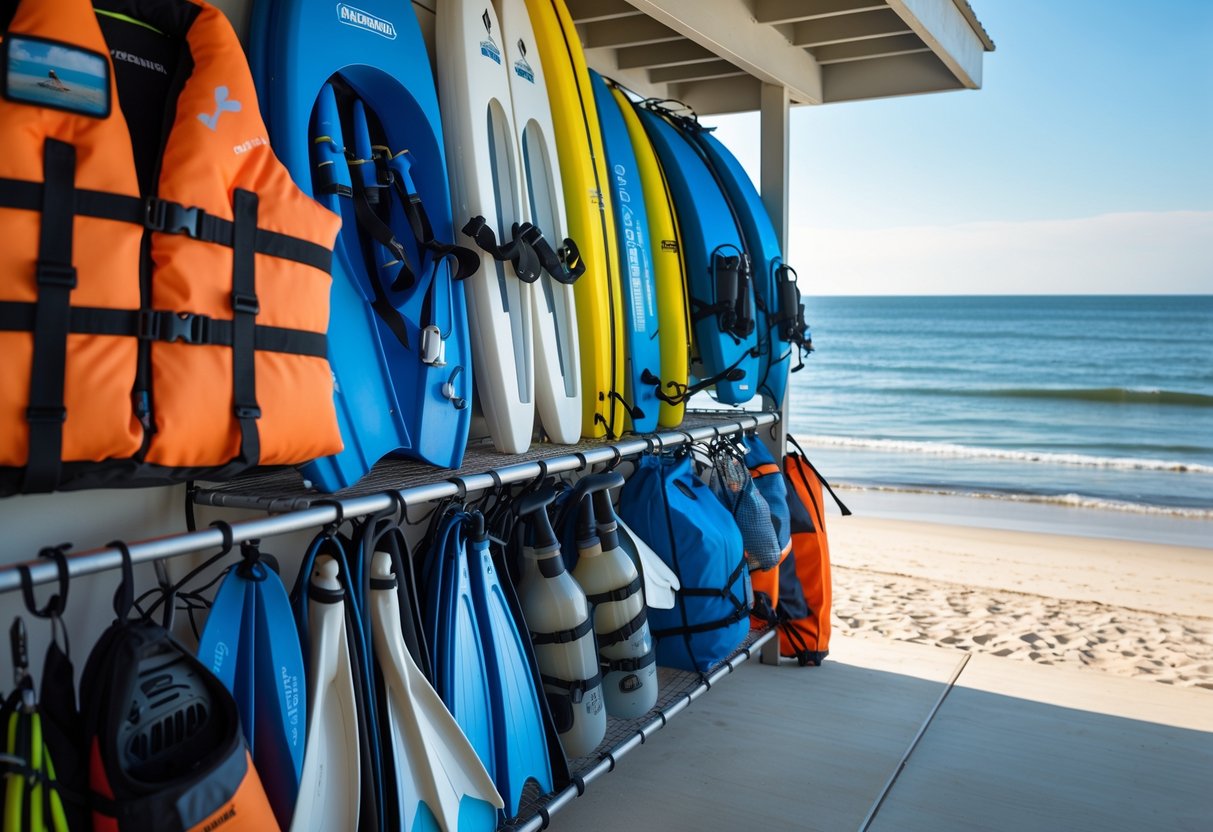 Neatly arranged water gear including life jackets, snorkeling equipment, and paddleboards stored near a calm beach shoreline with clear skies.