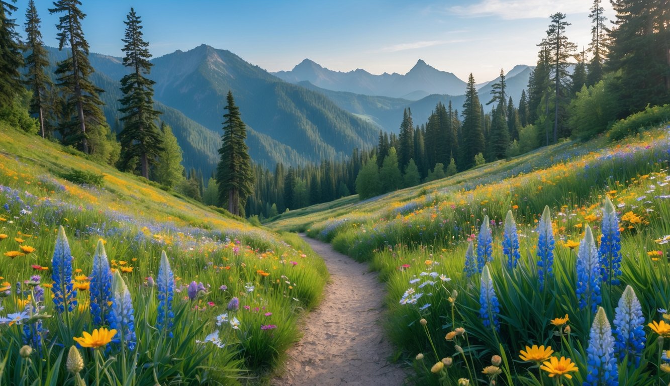 A wildflower meadow with colorful flowers along a hiking trail surrounded by evergreen trees and mountains in Olympic National Park.