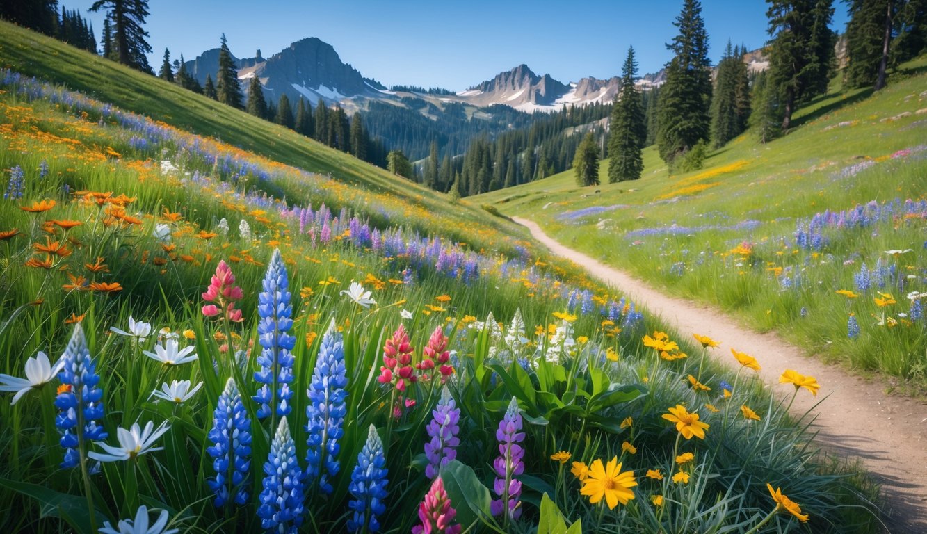 A colorful wildflower meadow with a hiking trail winding through it, surrounded by evergreen trees and mountains in the background.