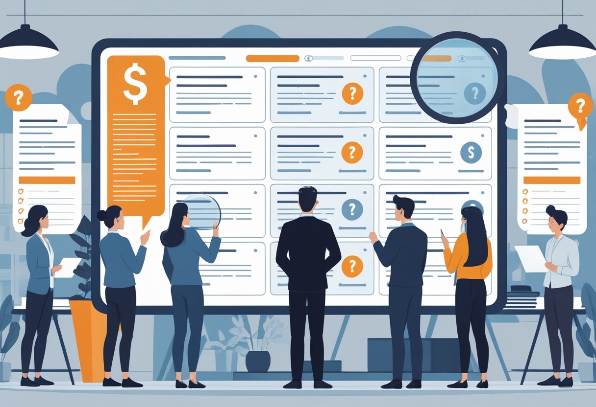 A group of diverse job seekers examining a job advertisement board with a highlighted salary symbol, while a recruiter reviews detailed criteria in an office setting.