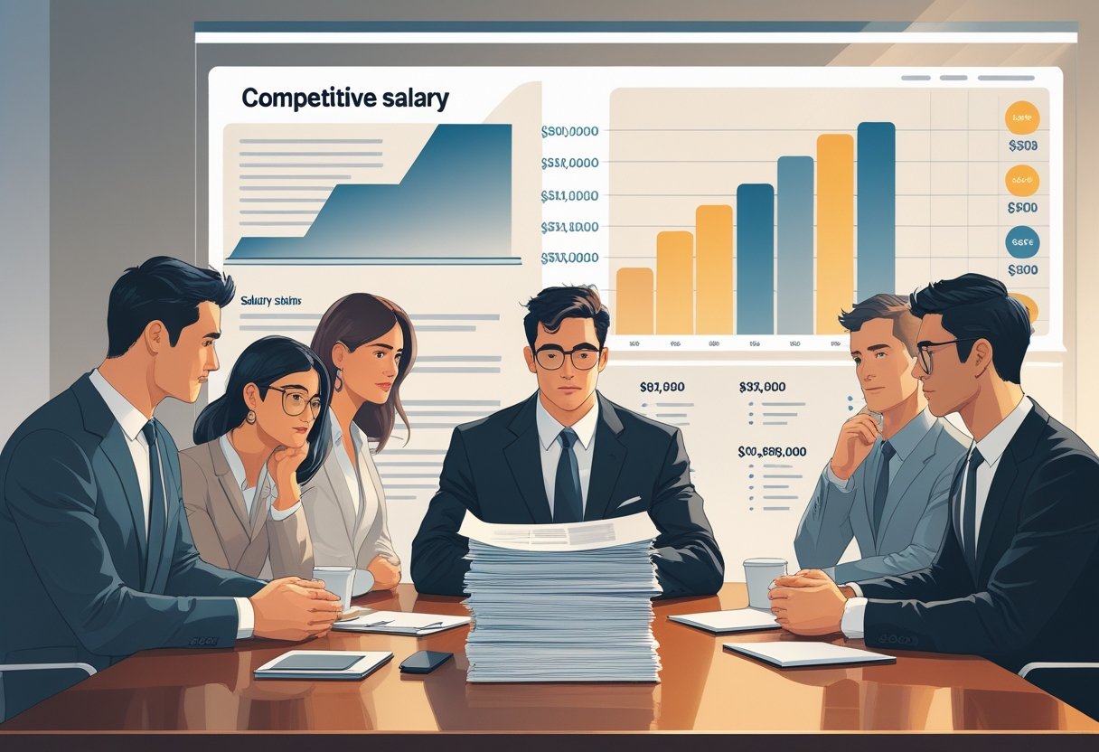 A job interview scene where candidates discuss salary details with a hiring manager, highlighting the uncertainty around vague salary offers.