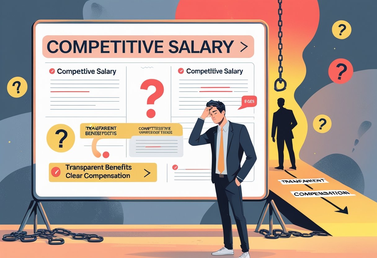 A job seeker looking uncertain in front of a job advertisement board with vague phrases, surrounded by caution symbols and a shadowy figure, while a bright path labeled with positive job qualities leads away.
