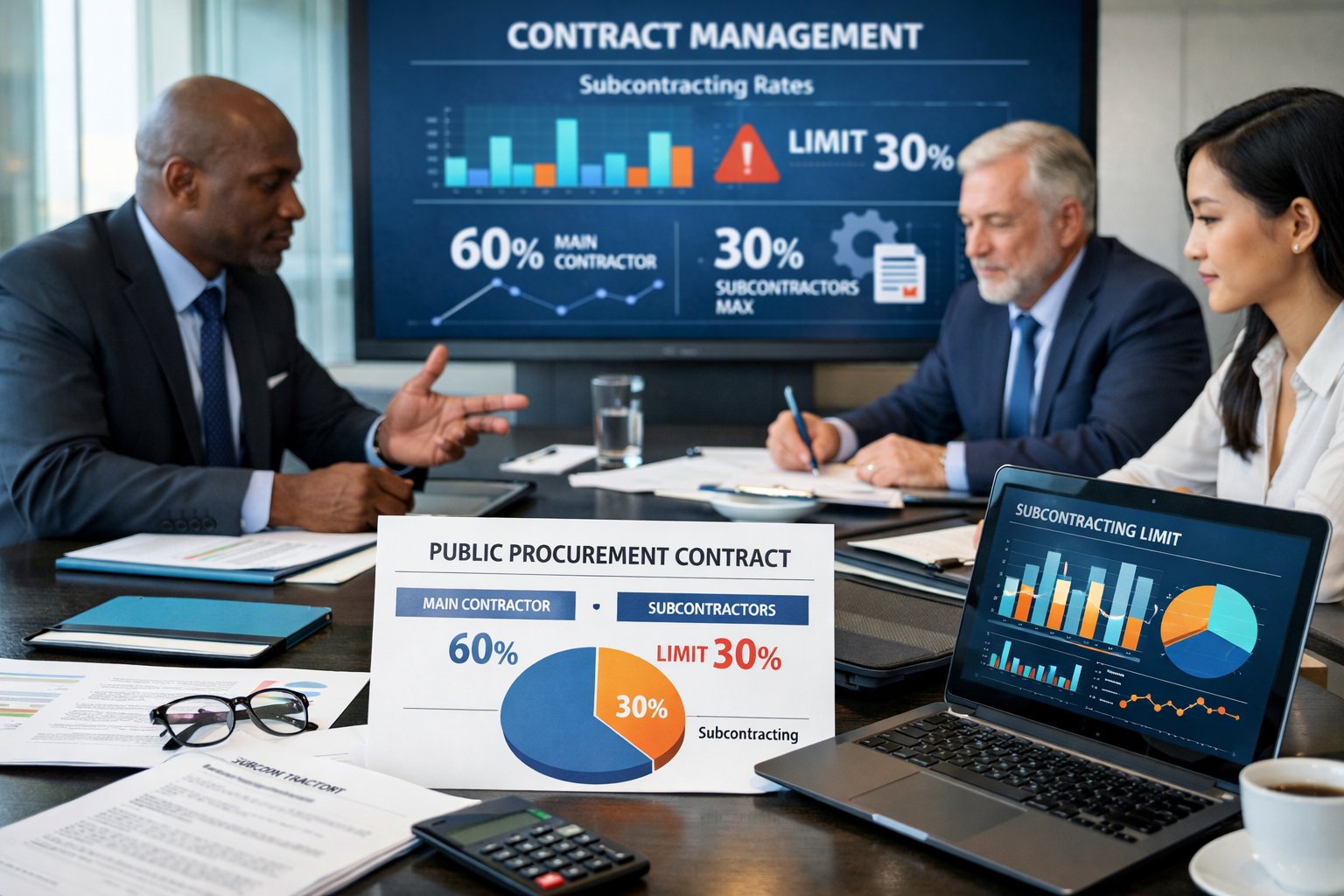 Des professionnels en réunion dans un bureau moderne, examinant des documents et des graphiques liés aux marchés publics et à la sous-traitance.
