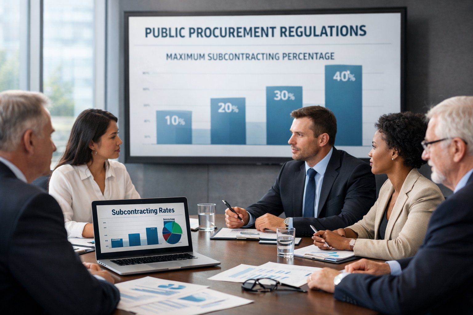 Un groupe de professionnels en réunion autour d'une table de conférence avec des documents et des ordinateurs, discutant de données sur les taux de sous-traitance.