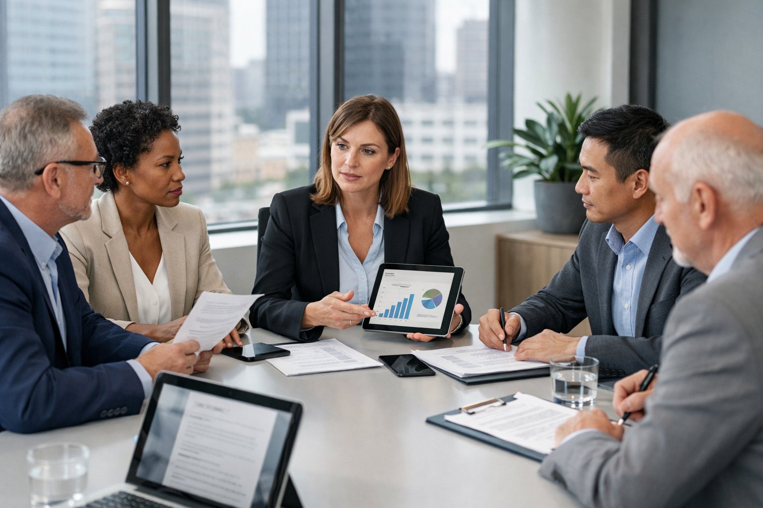 Une réunion d'affaires avec plusieurs professionnels discutant autour d'une table dans un bureau lumineux.