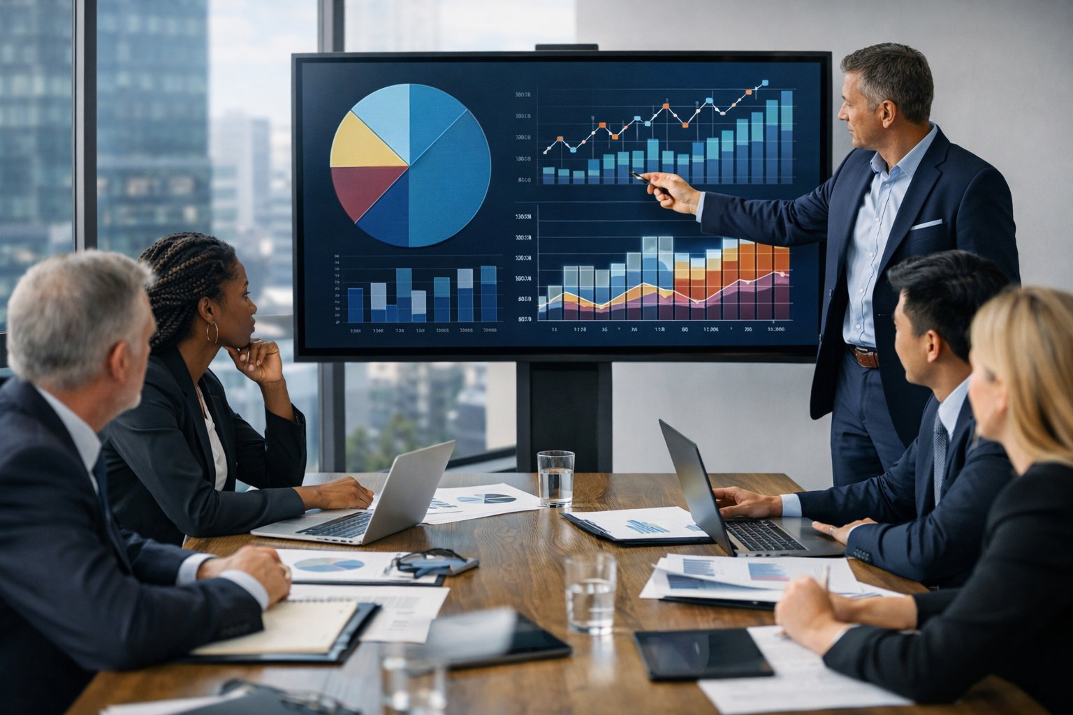 Un groupe de professionnels en réunion autour d'une table de conférence avec des graphiques financiers affichés sur un écran, discutant de pourcentages liés à la sous-traitance dans un bureau moderne.