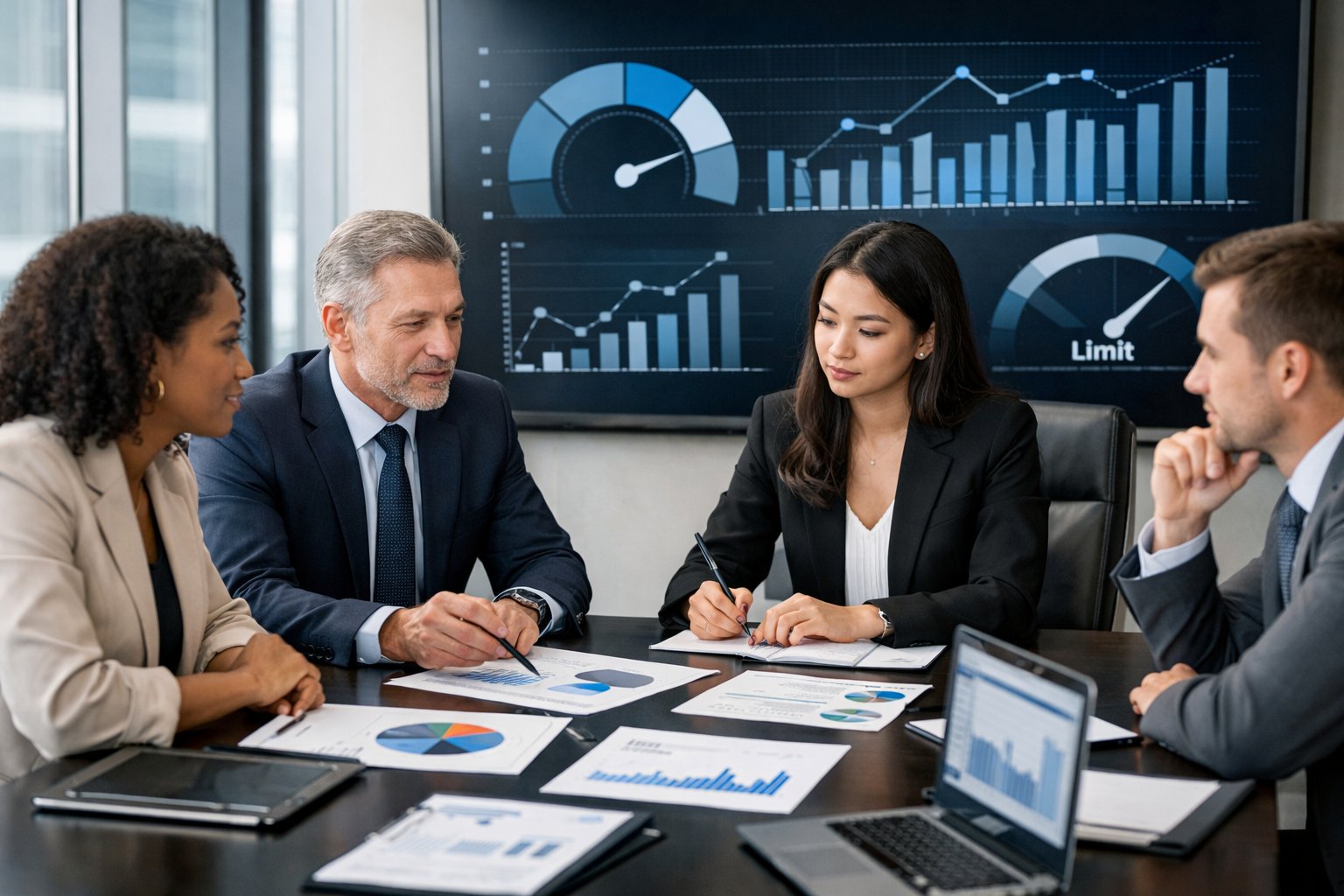 Des professionnels en réunion autour d'une table de conférence, discutant de taux de sous-traitance avec des documents et des graphiques.