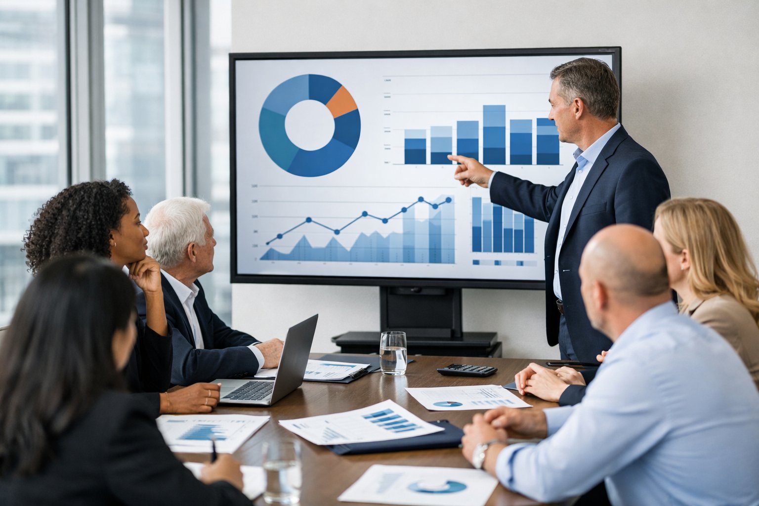 Un groupe de professionnels en réunion autour d'une table de conférence avec des graphiques et des documents, discutant dans un bureau moderne lumineux.